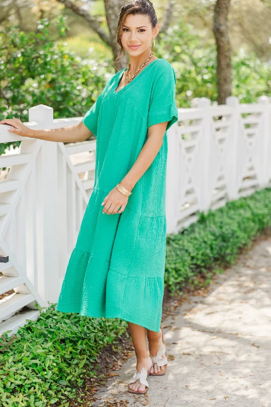 Let's Go To The Beach Kelly Green Cotton Midi Dress Season Transition Versatile Wear Clearance