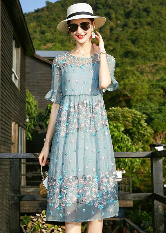 Chic Blue O-Neck Embroideried Ruffled Silk Vacation Dresses Short Sleeve Trend Forward Threads