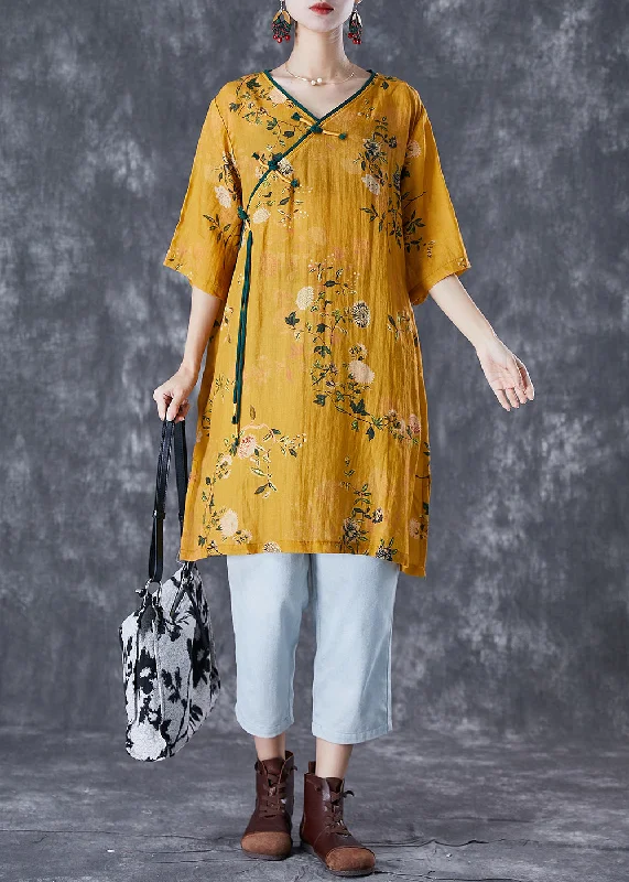 Vintage Yellow Tasseled Print Linen Dresses Summer Wardrobe Essentials