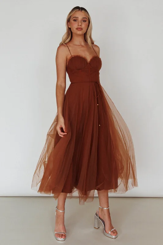 Smitten Sweetheart Neckline Chiffon Midi Dress Chocolate Refined Look