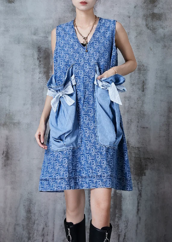 Classy Denim Blue Bow Patchwork Big Pockets Mid Dress Summer Limited Quantities