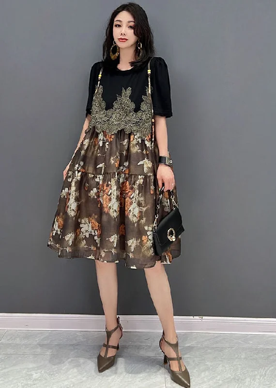 Unique Brown O-Neck Embroideried Patchwork Print Mid Dress Short Sleeve Wardrobe Essentials