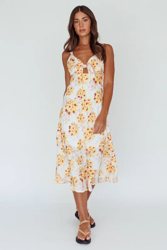 Starry Night Bust-Tie Midi Dress Floral Yellow Mega Sales