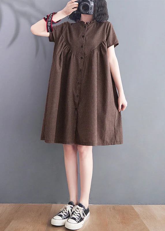 Women Brown Ruffled Plaid Linen A Line Dress Summer Trendy Pulse