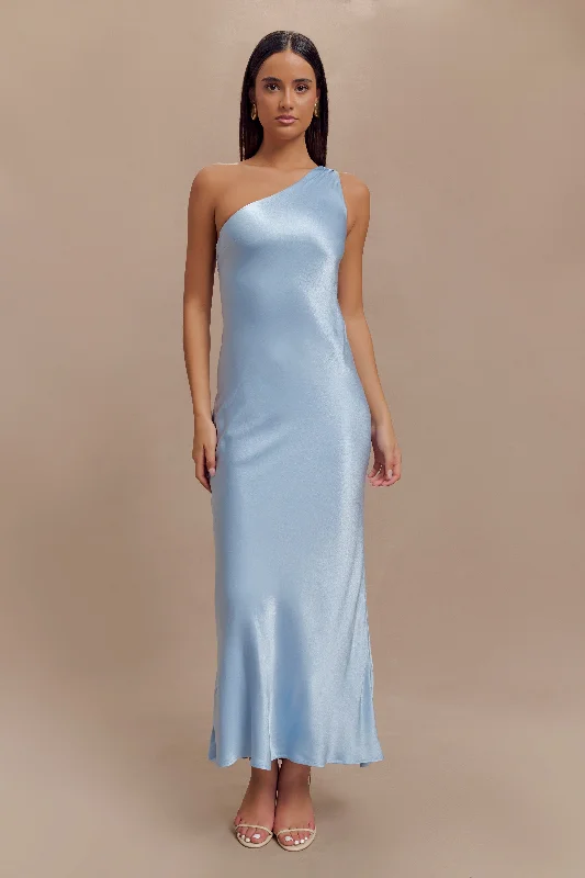 Camille One Shoulder Satin Maxi Dress - Cornflower Blue Embrace New Fashion