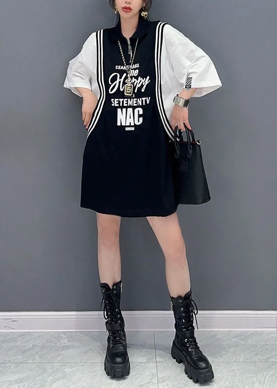 Chic Black Letter Print Patchwork Cotton Sport Mid Dress Summer Summer Essentials