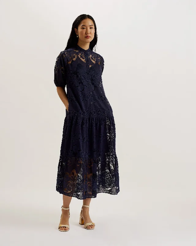 Xativa Laced Midi Shirt Dress With Puff Sleeve Dk-Blue Top Brand Discounts