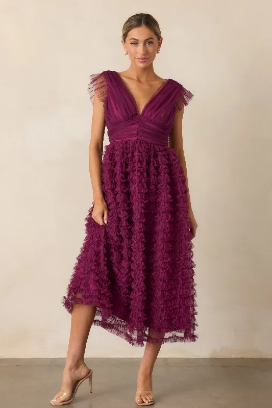 Fearless Hearts Plum Ruffle Midi Dress Mega Sale