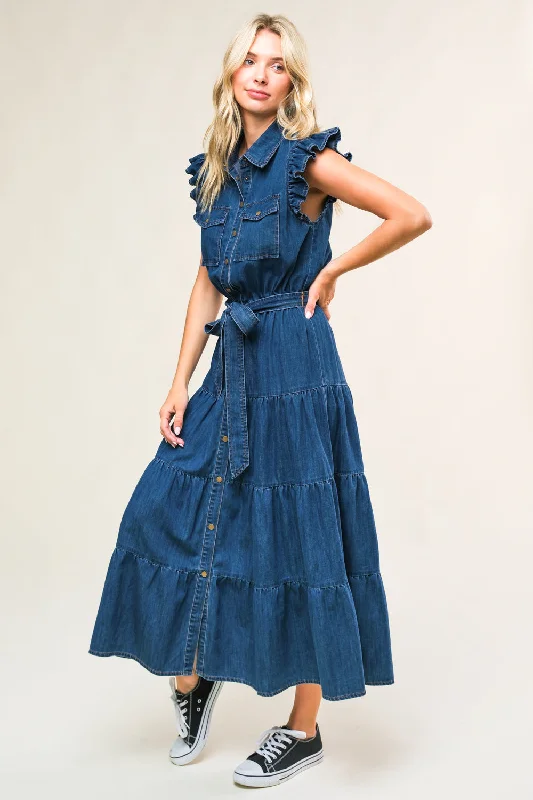 FAN FAVORITE WOVEN DENIM MIDI DRESS Chic Style