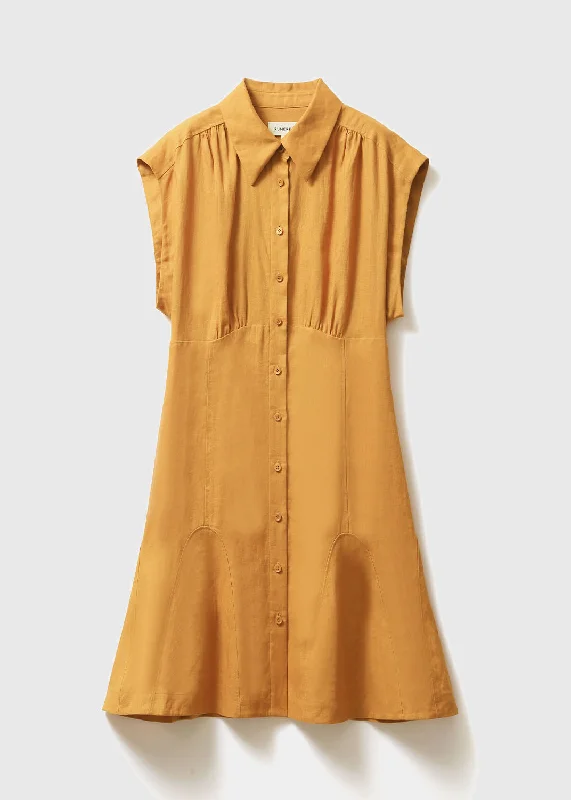 Art Solid Yellow Peter Pan Collar Patchwork Wrinkled Linen Maxi Dresses Sleeveless Discover Promotions