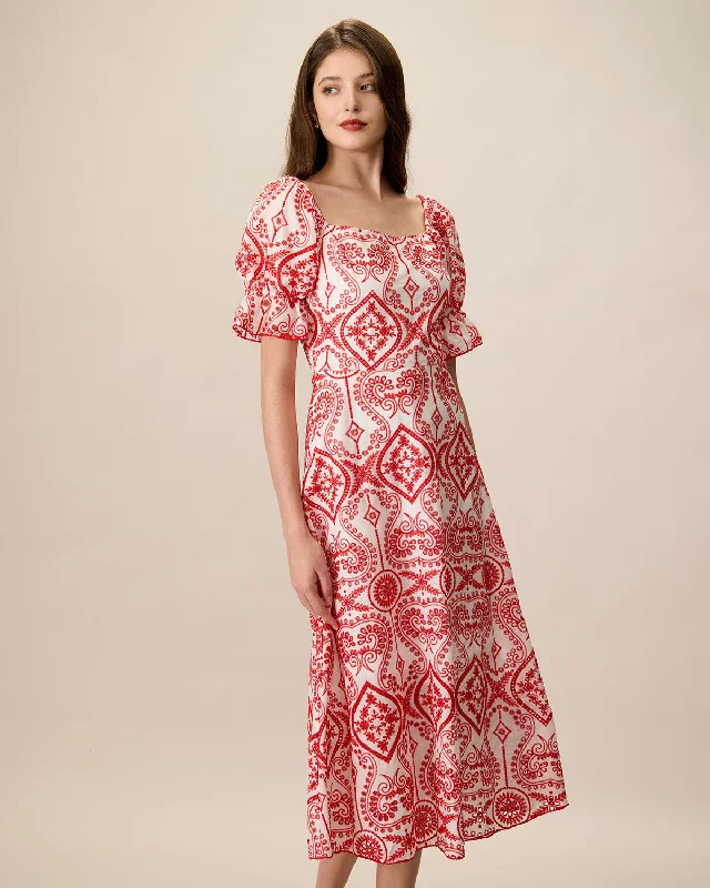 Women's Geometric Embroidery Ruffle Cotton Midi Dress Innovate Your Wardrobe