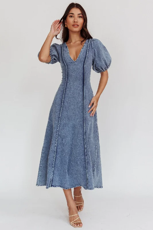 Morgane Puff Sleeve V-Neck Midi Dress Light Denim Blue Find Your Unique Flair