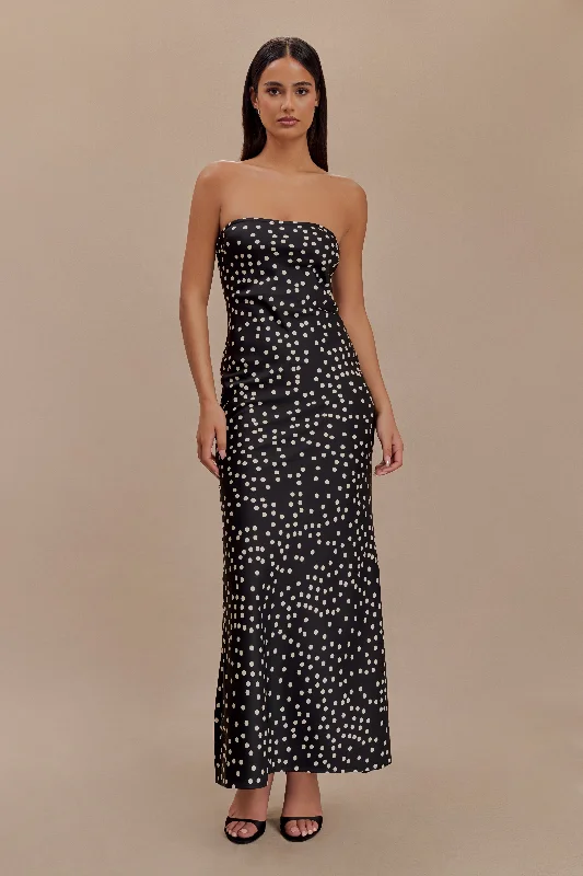 Claudette Strapless Satin Maxi Dress - Black Polka Dot Print Refined Look