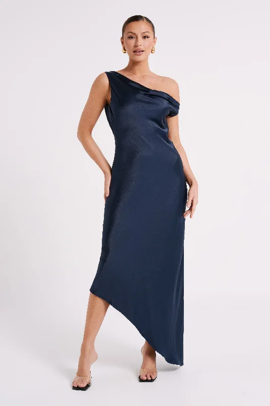 Yvette Slip Maxi Dress With Asymmetrical Hem - Navy Elegant Contour