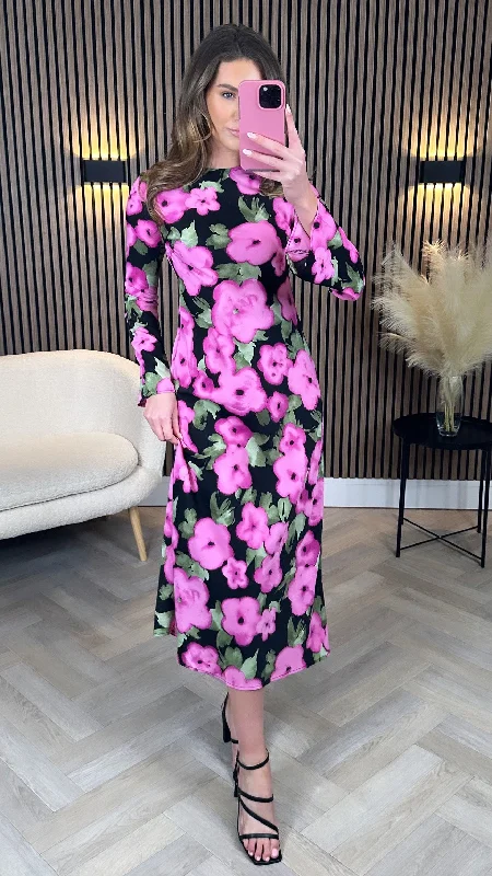 Lynneth Pink Floral Printed Midi Dress Effortless Style