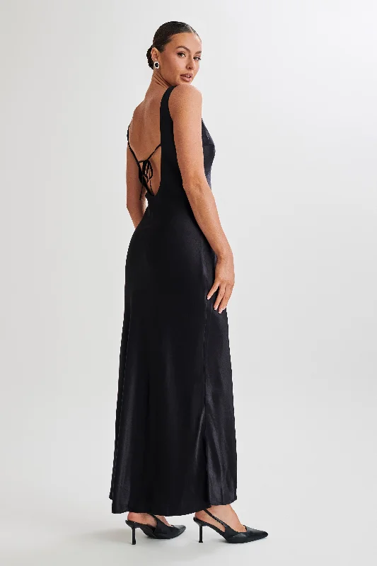 Annalise Satin Maxi Dress With Tie - Black Wardrobe Essentials