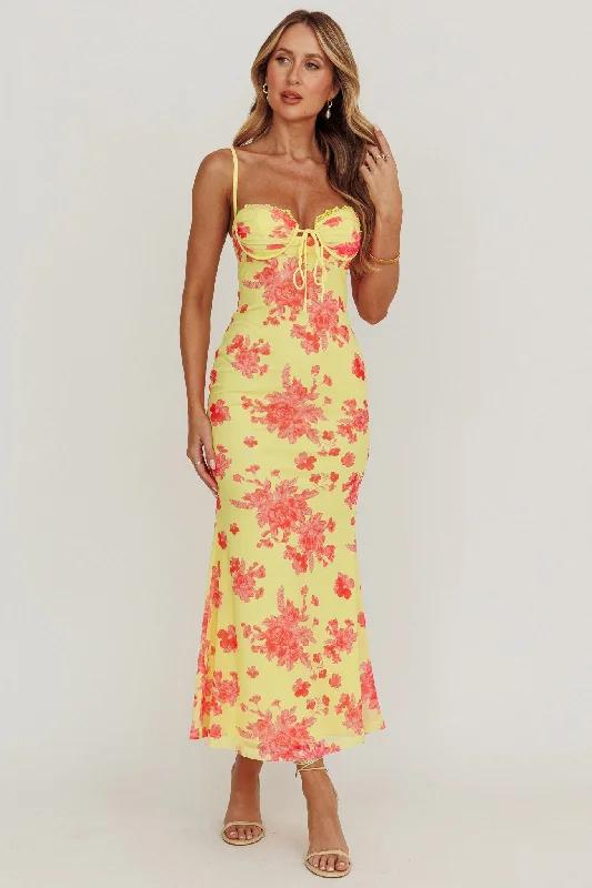 Fortune Mesh Floral Midi Dress Pink/Yellow Special Offer