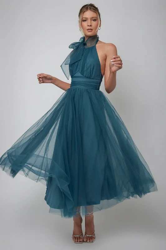 Andria Halterneck Tulle Midi Dress Teal Trendy Styles