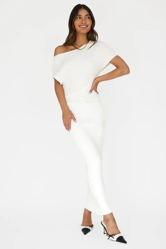 Kaelyn Asymmetric Neck Knit Maxi Dress White Explore What's New