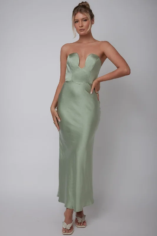 Encore Strapless Satin Maxi Dress Olive Casual Chic