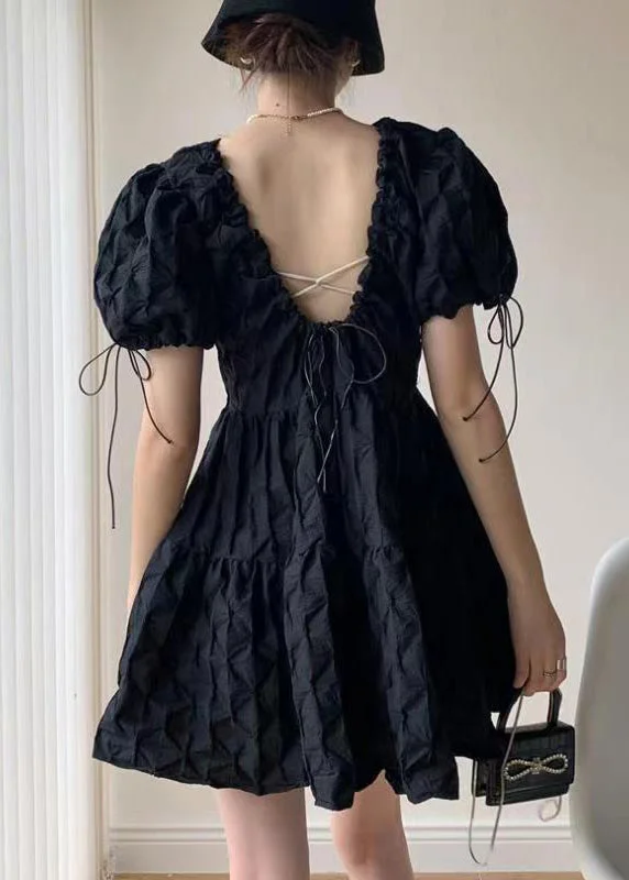 Fitted Black Backless Patchwork Cotton Mid Dress Puff Sleeve Trend Forward Women's Wear