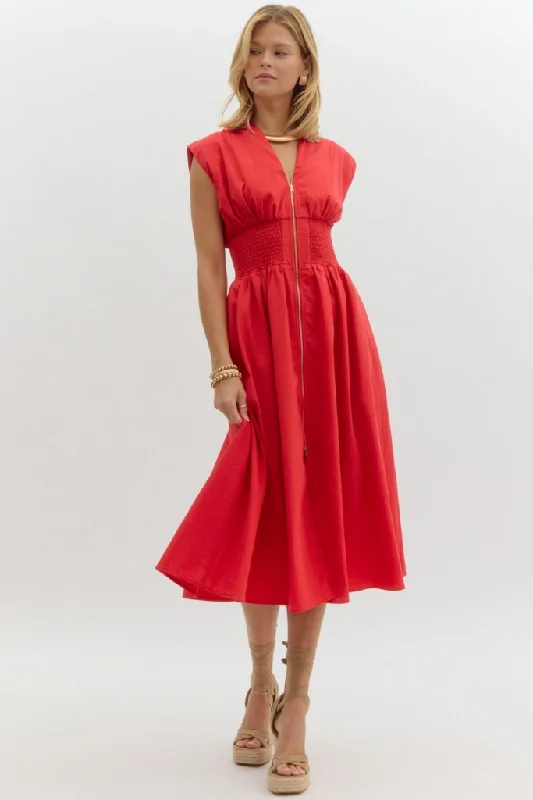 Elizabeth Zip Front Midi Dress in Red Effortless Style