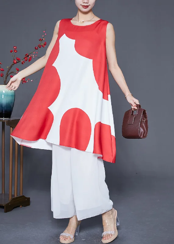 Fashion Red O-Neck Print Satin A Line Dress Summer Summer Essentials