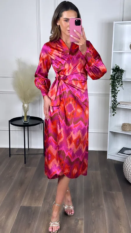 Azalea Pink & Orange Long Sleeve Wrap Midi Dress New Arrivals