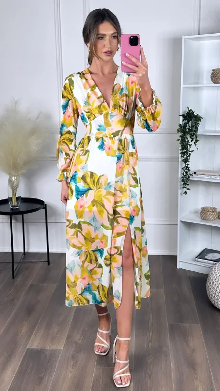 Rosa Yellow & Green Printed Midi Dress Celebrate With Big Savings