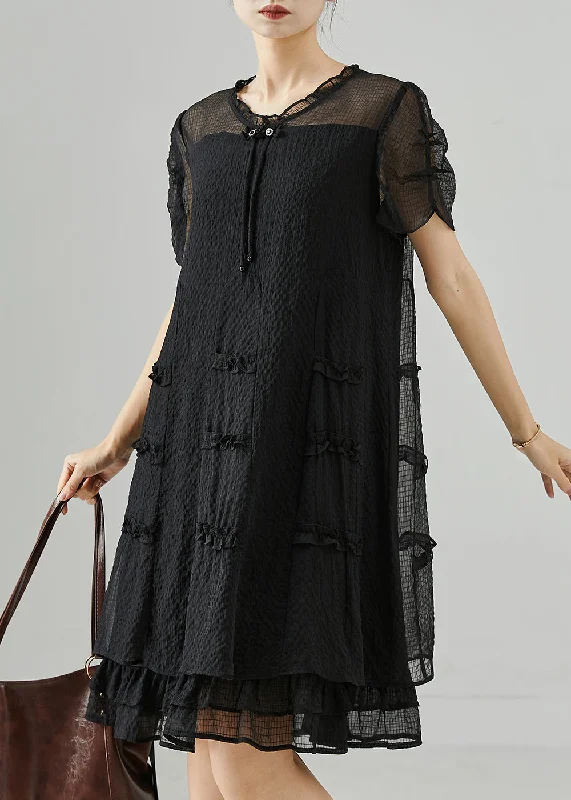 Classy Black Tasseled Ruffled Silk Mid Dress Summer Seasonal Fashion