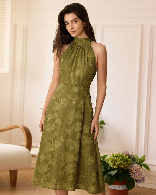 The Green Jacquard Ruched Halter Midi Dress Evening Looks