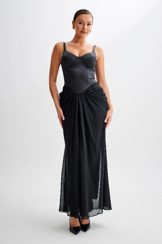 Leila Satin Corset Maxi Dress - Black Chic Styles