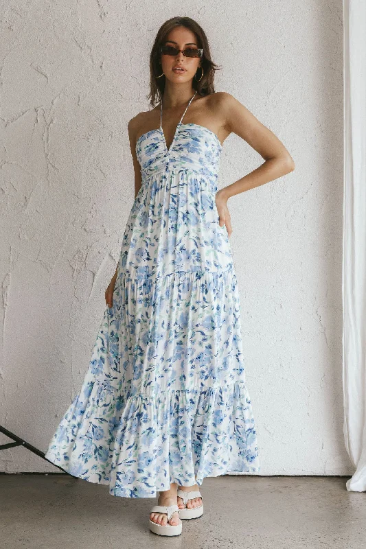 Asiah Halterneck Maxi Dress Floral Blue Nordic Minimalist Home Look