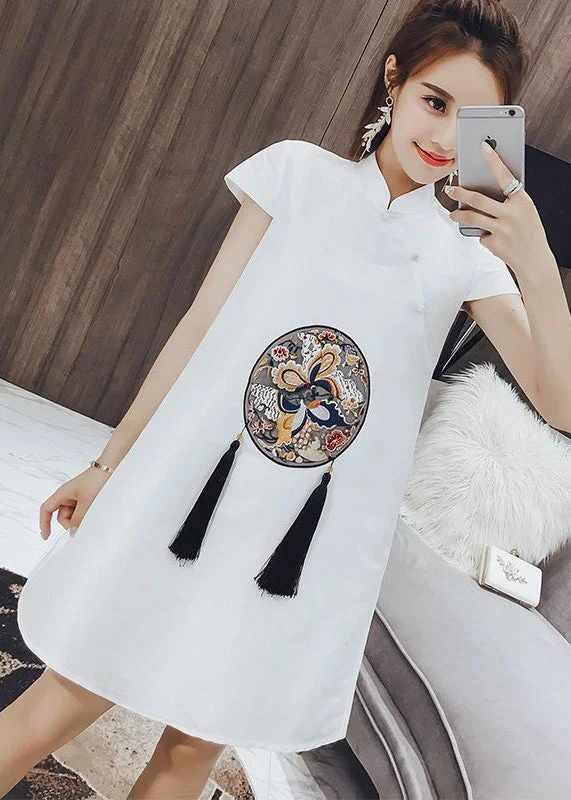 Beautiful White Stand Collar Print Tassel Button Cotton Mid Dresses Short Sleeve Casual Chic