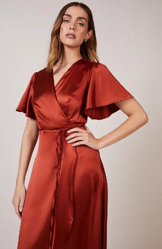 Florence Waterfall Dress in Burnt Orange Satin Modern Romance