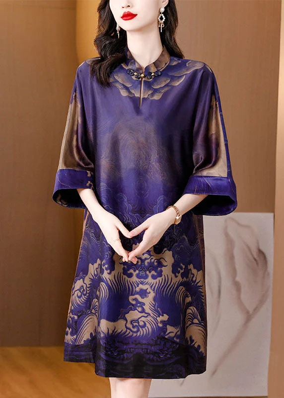 Vintage Purple Stand Collar Print Patchwork Silk Mid Dress Summer Fashion-Forward