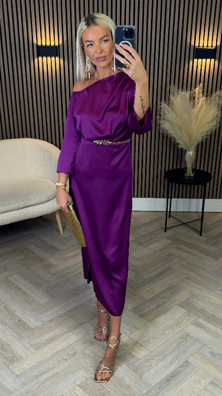 Tamera Purple Off The Shoulder Long Sleeved Ruched Midi Dress Mid Season Sale