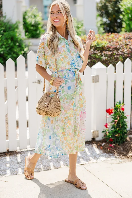 You Have My Attention White Floral Midi Dress Cutting Edge Fashion