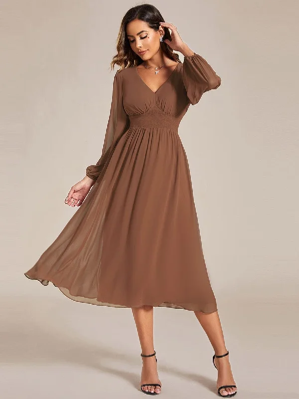 Custom Size Chiffon V-Neck Long Sleeves Elastic Band Midi Wedding Guest Dress Exclusive Sale