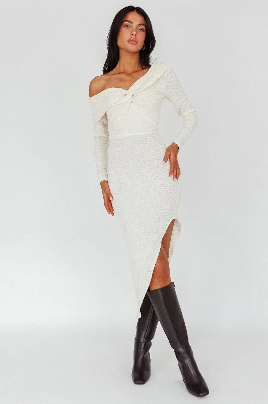 Annalora One-Shoulder Long Sleeve Midi Dress Cream Hot Trends