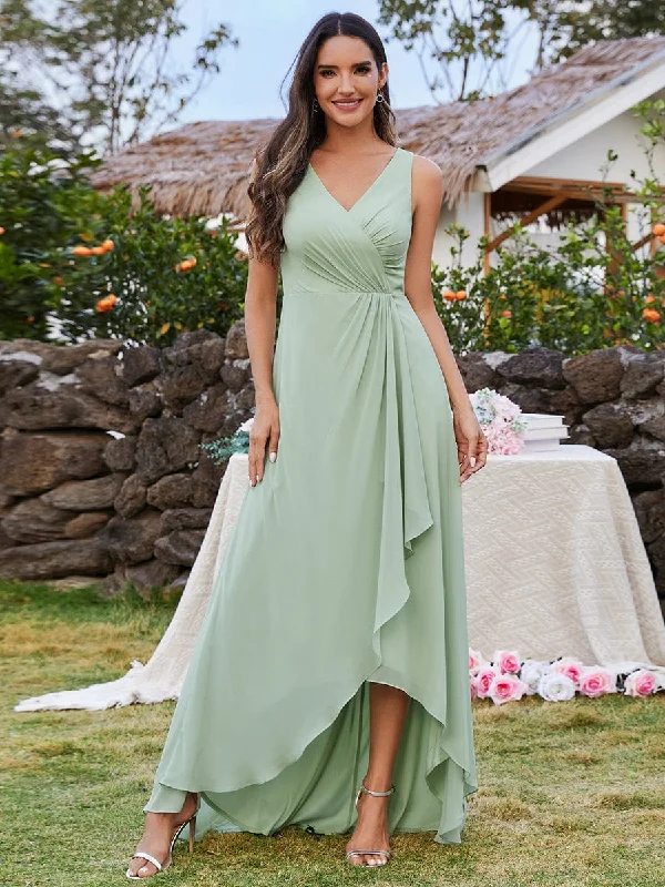 Chic High-Low V-Neck Chiffon Bridesmaid Dress with Front Pleating Elegant Style