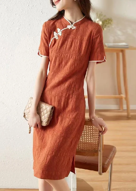 Chinese Style Orange Stand Collar Patchwork Cotton Dresses Summer Seasonal Fashion