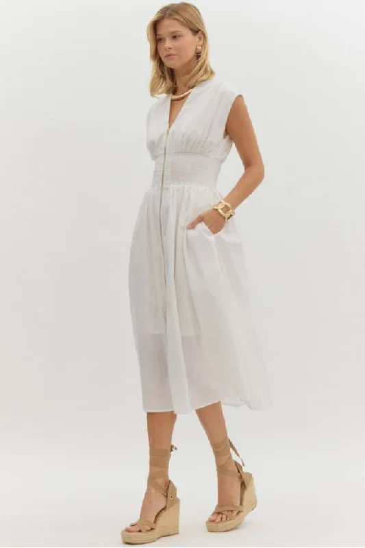 Elizabeth Zip Front Midi Dress in Off White Elegant Details