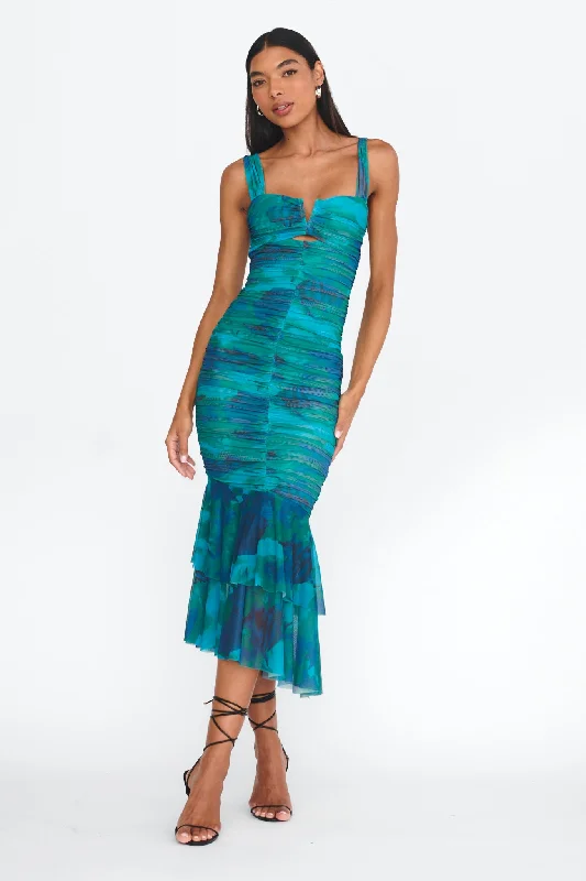 Nadia Ruched Fishtail Midi Dress Abstract Green Fashion Frontiers