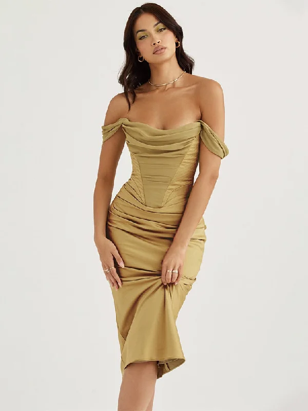 BerriesJam - Off Shoulder Elegant Draped Neck Satin Midi Dress Clearance Event