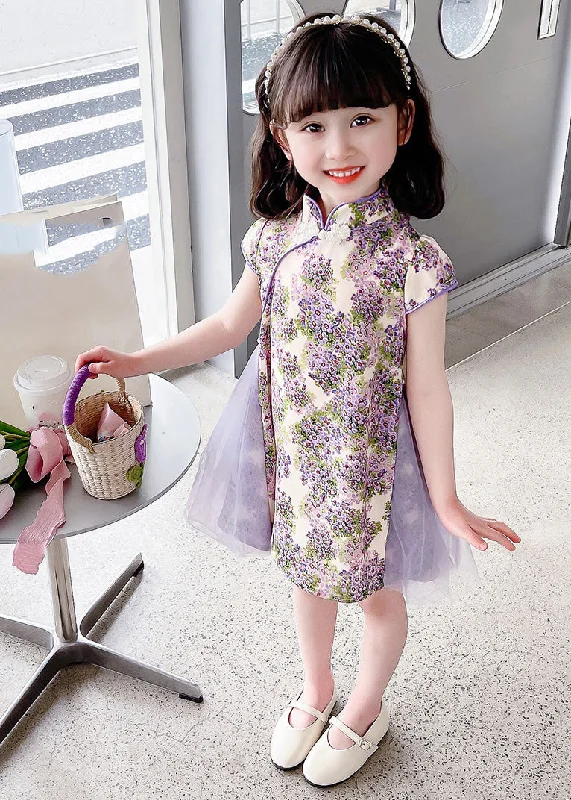 Unique Purple Stand Collar Print Girls Mid Dress Summer Hot Styles