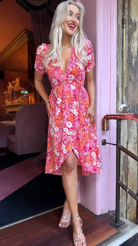 Drew Pink & Orange Floral Wrap Neck Puff Sleeve Midi Dress Trendy And Individual Women's Fashion