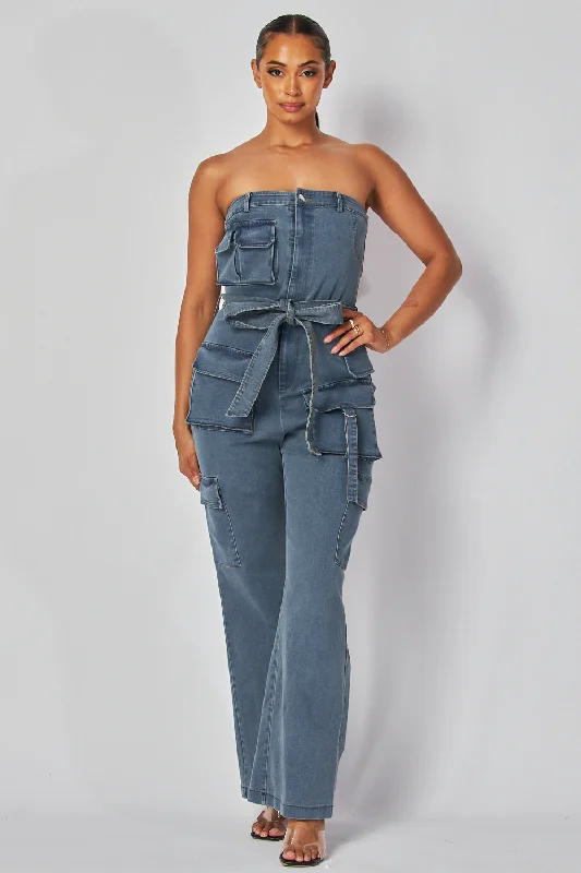 Gwen Belted Cargo Sleeveless Denim Tube Jumpsuit Trendsetting Threads