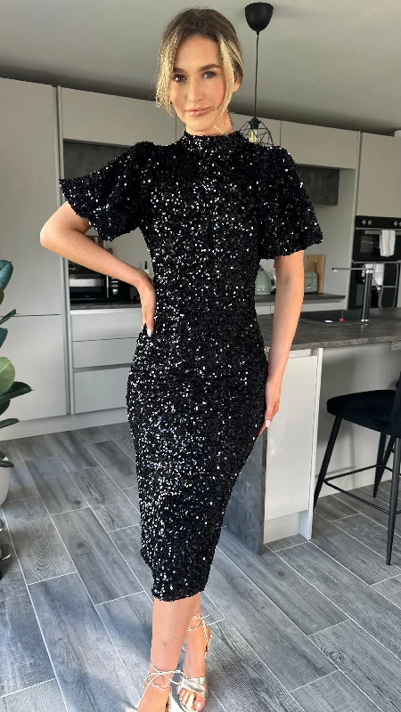 Rachelle Black Sequin Bow Back Detail Midi Dress Limited Time Offer