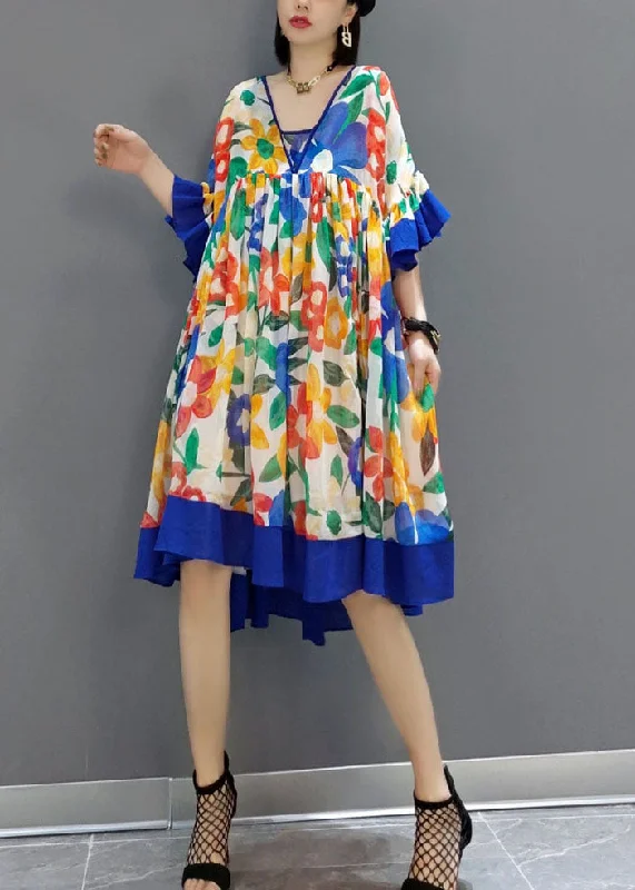 Blue Patchwork Chiffon A Line Dress V Neck Flare Sleeve Flowing Silhouette